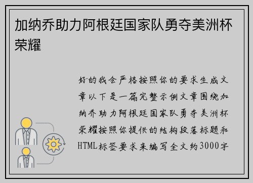 加纳乔助力阿根廷国家队勇夺美洲杯荣耀
